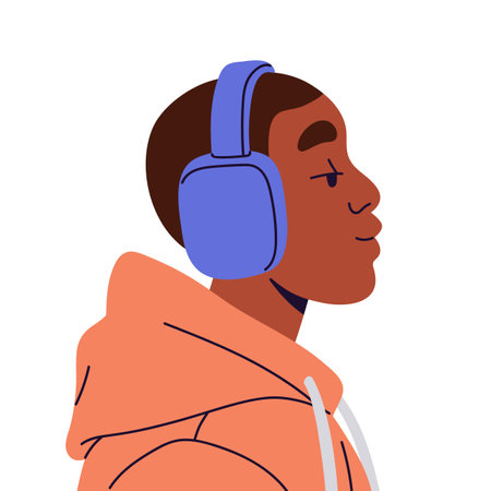 Young black man listening music with headphones. Relaxed guy portrait side view. Male avatar, user profile. Boy with headset on head, calm face. Flat isolated vector illustration on white backgroundのイラスト素材