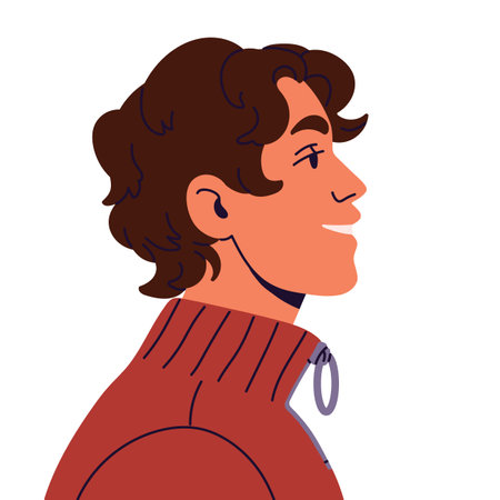 Smile guy in sweater portrait side view. Young man with positive emotions, happy facial expression. Boy avatar, user profile with joyful face. Flat isolated vector illustration on white backgroundのイラスト素材