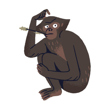 Cute bonobo with blade of grass in mouth thinking. Pygmy chimpanzee scratches its head. Funny chimp, pondering primate, great ape. Jungle animal. Flat isolated vector illustration on white backgroundのイラスト素材