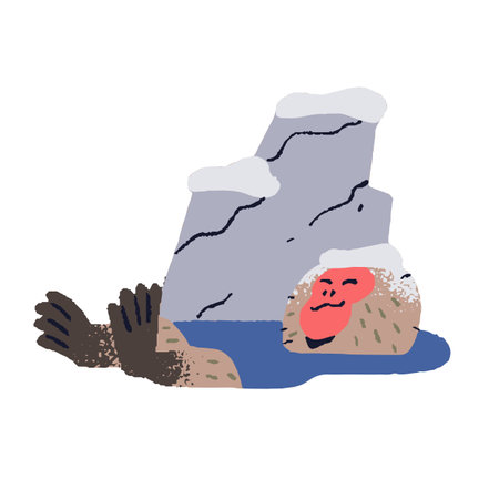 Japanese macaque rest at hot spring. Asian macaca swimming in pond. Cute snow monkey warms itself in water in winter. Happy primate, funny animal. Flat isolated vector illustration on white backgroundのイラスト素材