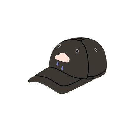 Black baseball cap with cute pattern. Headwear with visor. Sport headgear. Summer trucker hat, head accessory, clothes protect from UV, sun. Flat isolated vector illustration on white backgroundのイラスト素材