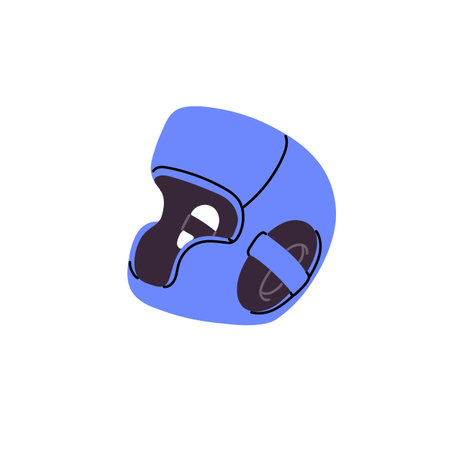 Boxing, wrestling helmet. Safety sport headgear. Padded martial art headwear saves from hits, punches, kicks. Boxer headpiece cover head, face. Flat isolated vector illustration on white backgroundのイラスト素材