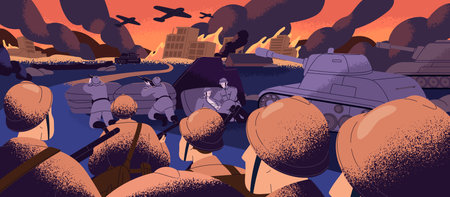 The Second World War. Smoke sky above battlefield, city ruins in fire. Military machines: aviation, tank, panzer. Brave soldiers in armor shooting from cover, attack at night. Flat vector illustrationのイラスト素材