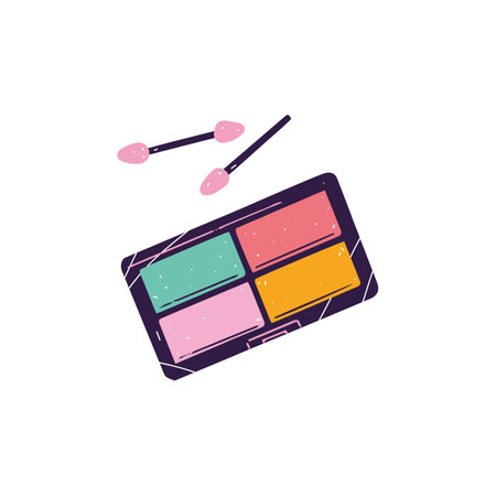 Eyeshadow with different colors in palette. Closed eye shadow package with applicators. decorative cosmetics for make up. Makeup product top view. Flat isolated vector illustration on white backgroundのイラスト素材