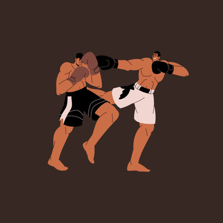 Muay Thai boxer training, sparring. Kickboxing fighters in boxing gloves kick, punch competitor. Japanese martial art competition. Professional wrestlers fight. Flat isolated vector illustrationのイラスト素材