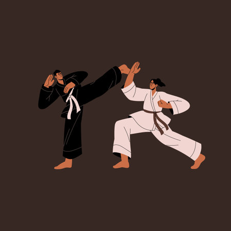 Chinese martial art. Professional kung fu fighter hits, punches competitor. Karate sportsmen training techniques, sparring. Japanese sport battle, fight competition. Flat isolated vector illustrationのイラスト素材