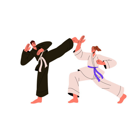 Asian, Chinese martial art. Karate sportsmen training, sparring. Professional kung fu fighter fight, hits competitor. Traditional Japanese sport competition. Flat isolated vector illustration on whiteのイラスト素材