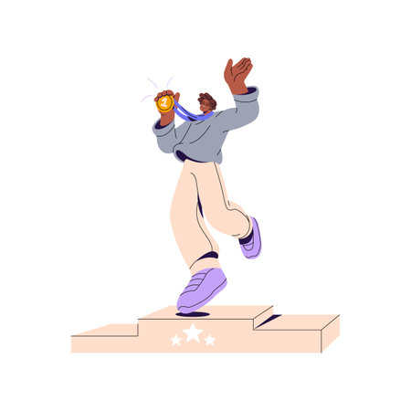Happy winner is the first on pedestal. The best leader holds golden medal, celebrates win. Champion achieved success, prize. Competition award. Flat isolated vector illustration on white backgroundのイラスト素材