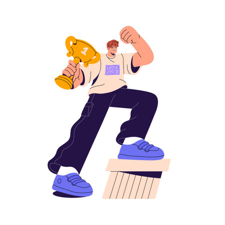 Man hold golden cup for first place, winks. Winner with gold trophy, reward, prize standing on win pedestal. Champion celebrates victory, rejoice to success. Flat isolated vector illustration on whiteのイラスト素材