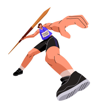 Professional athlete throws javelin. Sportswoman prepares, swings to toss dart, spear. Sportsman training. Track and field sport. Dynamic motion. Flat isolated vector illustration on white backgroundのイラスト素材