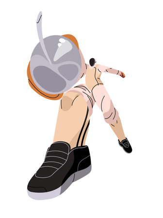 Fencing athlete attacks with foil. Professional fencer in protective uniform training with epee. Sword fighting. Combat sport. Dynamic motion. Flat isolated vector illustration on white backgroundのイラスト素材