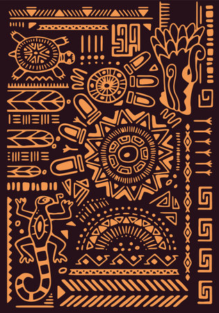 Mexican ornamental background. Aztec symbols, ethnic elements, golden lines on abstract tribal pattern. African print on poster. Monochrome wall art, decor in ancient style. Flat vector illustrationのイラスト素材