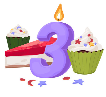 Birthday candle 3 years with party cake. Burn three age wax figure. Festive decor for Bday anniversary. Number form, sweet decorated cupcakes. Flat isolated vector illustration on white backgroundのイラスト素材