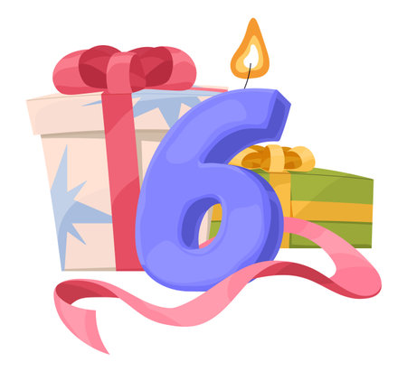 Birthday candle 6 years with festive gifts. Number six from wax, numeral age figure. Anniversary decor, bday presents decorated with ribbon bow. Flat isolated vector illustration on white backgroundのイラスト素材