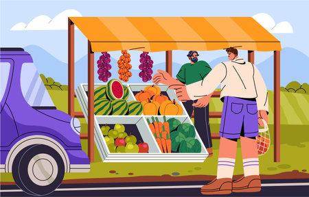 Bearded farmer sells harvest at local market. Agriculture worker sales crop. Customer chooses farm vegetables from field, buys organic food, fresh fruit. Farmland landscape. Flat vector illustrationのイラスト素材