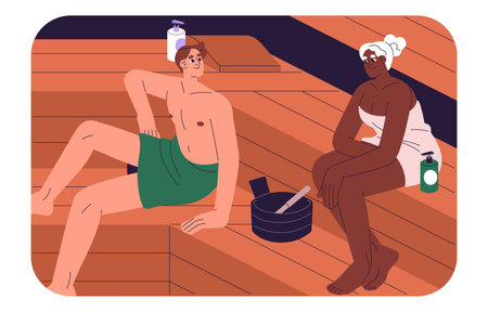 Finnish sauna, Russian banya. Thermal spa. Men and women relax on wooden bench in steam room. People bathing, sweat in hot bathhouse. Couple in towels care about wellness. Flat vector illustrationのイラスト素材