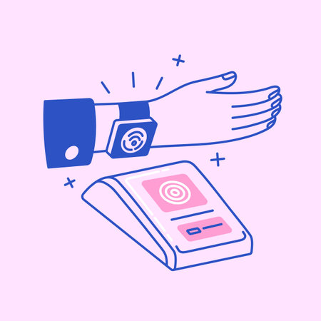 People pay with smart watch using POS terminal. Contactless cashless payment with nfc technology. Money transfer with electronic hand clock, wristwatch. Flat isolated lineart vector illustrationのイラスト素材