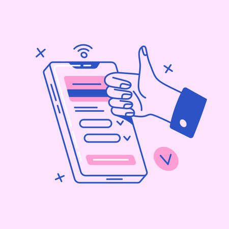 Right input data to success cashless payment in online banking. People pay by digital card in internet. Correct money transfer by phone. Thumbs up gesture. Flat isolated lineart vector illustrationのイラスト素材