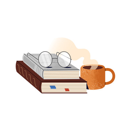 Glasses on pile of textbooks. Paper books stack with cup of hot tea. Education literature with bookmarks for study, learn. Reading sticker. Flat isolated vector illustration on white backgroundのイラスト素材