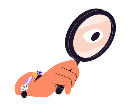 Person holds magnifying glass in hand. People observe, look through magnifier. Character searches information in internet, seeks with loupe. Flat isolated vector illustration on white backgroundのイラスト素材