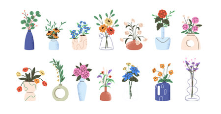 Different vases with flowers set. Peony bouquet in pottery pot. Rose in glass pitcher. Green, dried plants in modern flowerpots. Floral interior decoration. Flat isolated vector illustration on whiteのイラスト素材