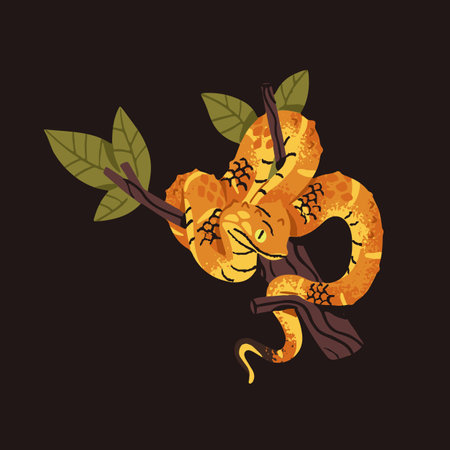 Green bush, leaf viper on tree. African poisonous yellow snake on branch. Tropical venomous serpent with horns on head. Exotic rainforest cold blooded animal rests. Flat isolated vector illustrationのイラスト素材