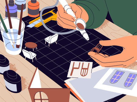 Manufacturing table. Creator do models from plastic wire with equipment. Character create furniture for toy house using 3d pen. Freelance handicraft business, creative hobby. Flat vector illustrationのイラスト素材