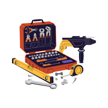 Engineer toolkit for repair home. Builder toolbox with different work instruments. Construction...