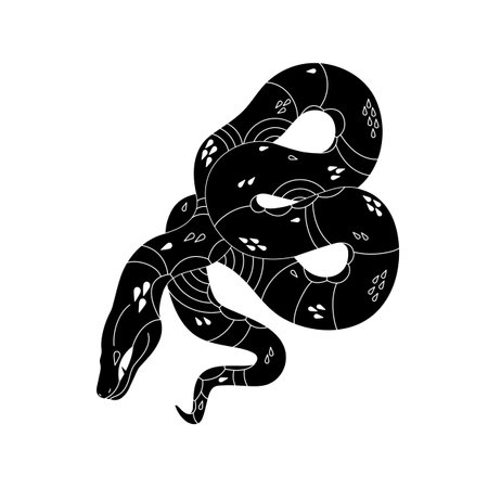 Monochrome boa silhouette. Dangerous black viper line art. Patterned venomous serpent with geometric shapes on scale. Mystic big snake print. Flat isolated vector illustration on white background.のイラスト素材