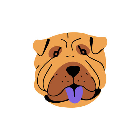 Adorable Shar Pei avatar. Funny muzzle of large breed pup. Cute wrinkled guard dog shows blue tongue. Puppy face, purebred canine pet portrait. Flat isolated vector illustration on white background.のイラスト素材