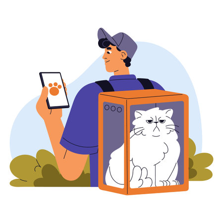 Professional pet sitter walks furry kitty outdoors. Courier delivers fluffy cat in glass carrier. Delivery service worker carries domestic animal. Flat isolated vector illustration on white background.のイラスト素材