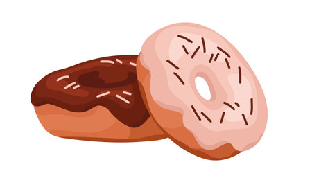 Icing donuts with sprinkles. Frosting chocolate doughnuts. Glazed pastry rings with sticky topping. Fresh baked food, tasty bakery, confectionery. Flat isolated vector illustration on white backgroundのイラスト素材