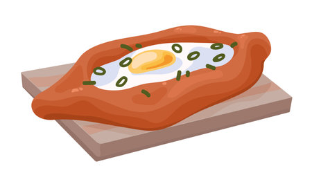 Adjarian khachapuri. Georgian traditional bread filled with cheese, egg. Fresh baked street food of Georgia, homemade bakery, tasty lunch eating. Flat isolated vector illustration on white backgroundのイラスト素材