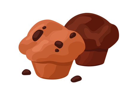 Classic and chocolate muffins. Fresh baked cupcakes, delicious small fairy cakes. Tasty bakery, bakehouse food. Homemade pastry, biscuit, snack. Flat isolated vector illustration on white backgroundのイラスト素材