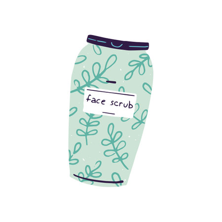 Organic face scrub in bottle. Skincare beauty product for peeling. Anti cellulite cosmetics for exfoliation skin. Professional body care routine. Flat isolated vector illustration on white backgroundのイラスト素材