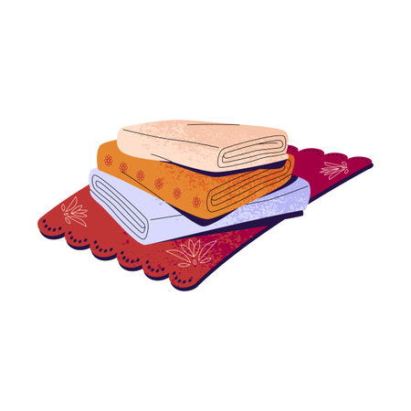 Pile of folded cotton towels. Patterned textile for bathing. Interior decoration for bathroom. Traditional Asian attribute for tea ceremony. Flat isolated vector illustration on white backgroundのイラスト素材