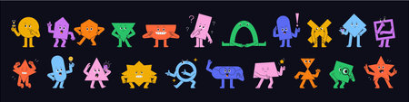Cute geometric characters set. Different abstract shapes avatars with emotions, facial expressions. Funny maths, geometry figures. Game form of elementary education. Flat isolated vector illustrationのイラスト素材