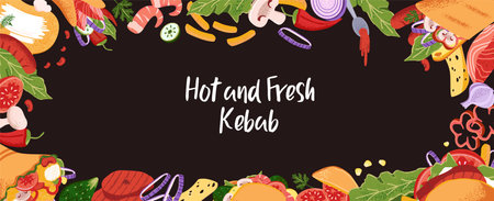 Advertising horizontal banner with shawarma. Promotion black background with shawerma, vegetables. Ingredients for doner kebab. Fast food restaurant menu cover. Fastfood flat vector illustrationのイラスト素材