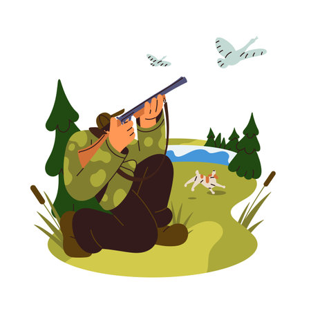 Upland hunting with dog. Shooter sits, aiming to shooting to flying ducks. Hunter in camouflage chases prey. Huntsman killing birds with shotgun. Flat isolated vector illustration on white backgroundのイラスト素材
