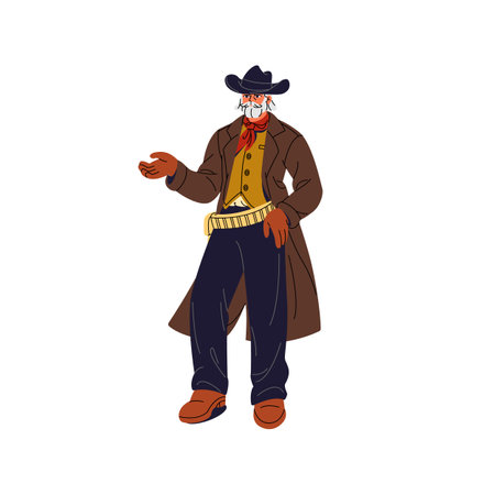 Old american wild west sheriff in hat stand. Bearded texas cowboy. Historic mexican gangster in coat. Western bandit with bandana, cartridge belt. Flat isolated vector illustration on white backgroundのイラスト素材