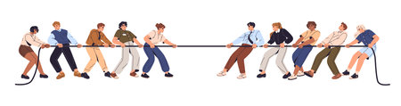 Tug of war. Business confrontation concept. Employees dragging, pull rope, resist to against team....