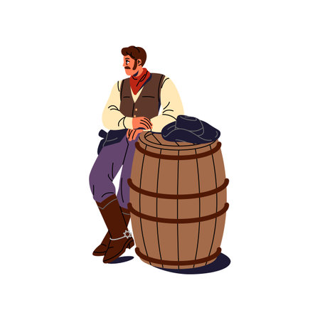 Western texas cowboy with hat stands. American wild west gangster wears boots with spurs. Mexican bandit leans on big wooden barrel to relax. Flat isolated vector illustration on white backgroundのイラスト素材