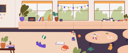 Kindergarten panoramic view. Nursery playroom, preschool classroom with toys on floor scene. Play group, children room interior with nobody. Empty daycare class background. Flat vector illustrationのイラスト素材