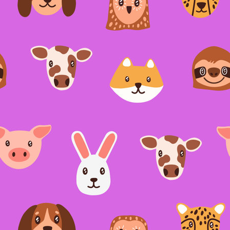 Repeatable pattern of cute baby animal muzzles on pink background. Endless print of happy pet faces: dog, rabbit. Amusing portraits of owl, cow, pig, fox, sloth. Flat seamless vector illustrationのイラスト素材