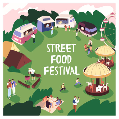 Advertisement card of open air festival. Attractions, food trucks, tent city in amusement park. Promotion of funfair event. Summer entertainment: camping, carousels. Flat vector illustrationのイラスト素材