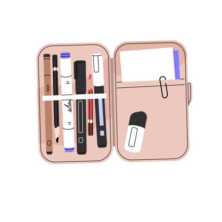 Open pencil box with different school supplies. Case of pens, crayons, markers, eraser. Drawing,...
