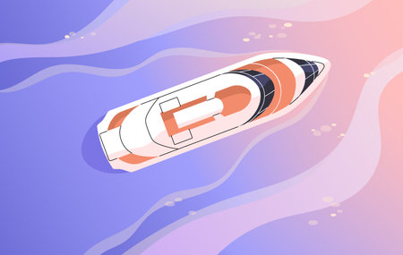 Sea resort, voyage. People travel by big white ship top view. Ocean liner floating on water. Luxury cruiser, vessel in marine journey. Summer vacation tour, entertainment. Flat vector illustrationのイラスト素材