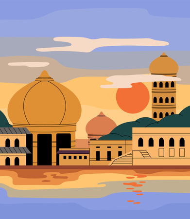 Ancient Indian cityscape. Old city in India on water shore. Traditional arabian architecture: buildings, palaces, temples with golden domes. Sunset above SriÂ Lanka town. Flat vector illustrationのイラスト素材