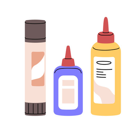 Different glue stick, bottle, plastic jar with cap. School stationery, office supplies. Adhesive materials to craft with paper. Art class tools. Flat isolated vector illustration on white backgroundのイラスト素材