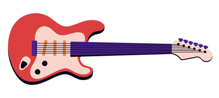 Electric or bass guitar. Modern string instrument for rock, metal concert. Guitarists sound equipment to play music, melody. Musicians tool. Flat isolated vector illustration on white backgroundのイラスト素材